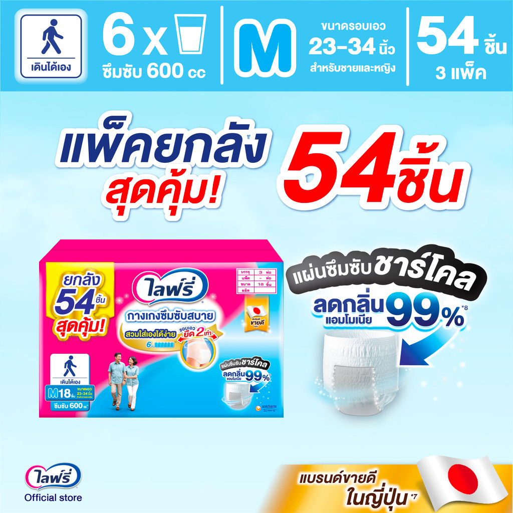 ขายยกลัง! Lifree ไลฟ์รี่ กางเกงซึมซับสบาย ขนาด M 18 ชิ้น (1x3 ห่อ)