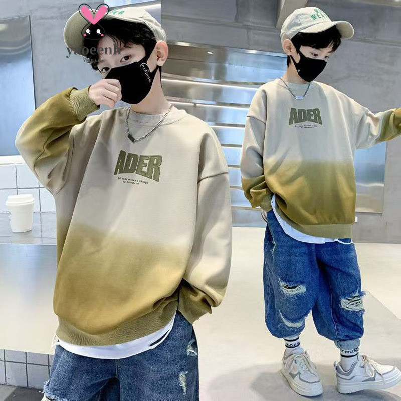 【YAOEENH】เสื้อกันหนาวแบบ.Gradient สีตัวอักษร แขนยาวสำหรับเด็กอายุมากขึ้น ขนาด 120-170 ซม. ดีไซน์ Drop Shoulder เหมาะกับฤดูใบไม้ร่วงและใบไม้ผลิ