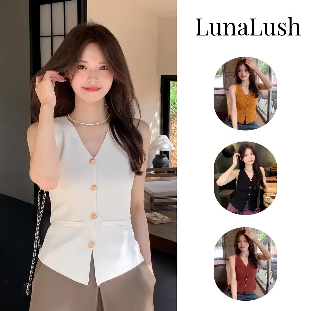 LunaLush✨เสื้อคุณภาพดี เสื้อแขนกุด สไตล์ลำลอง คอวี ดีเทลเว้าหลังเอว เสื้อยืด คอวี เข้ารูป"20252"