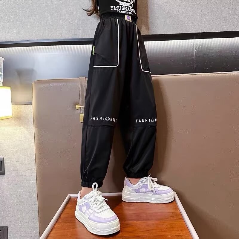 2025 NEW 2025P18 # K72 Mesh Pattern Four-Way Stretch Girls' Ice Silk Pants, Pink, Black, Sizes 120-1