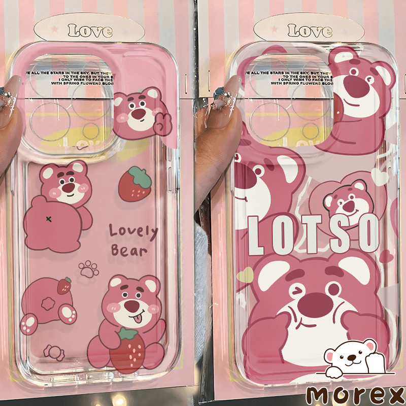 เคสไอโฟน16 13สำหรับ IPhone 16 13 15 12 11 14 Pro Max XS XR X Max 8 7 16 15 Plus SEฝาครอบสตรอเบอร์รี่หมีคู่ลอตโซ่โปร่งใส