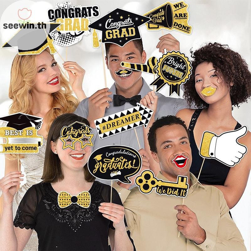 Seewin 28 ชิ้นจบการศึกษา Photo Booth Props ชุด, DIY ตกแต่งการถ่ายภาพจบการศึกษา Party Pose ป้ายสําหรั