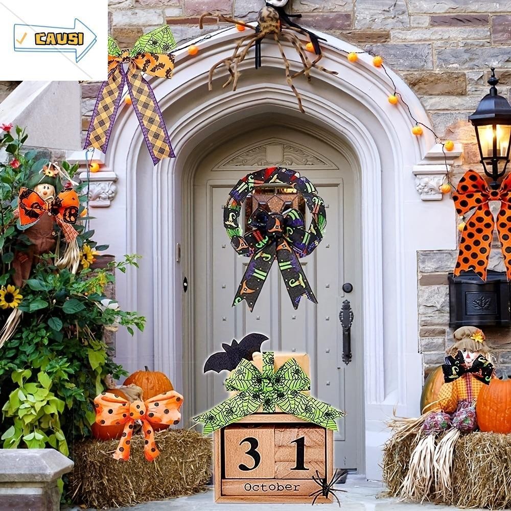 CAUSI 5Yards Ribbon, 5Yards Spider DIY เย็บหัตถกรรม,อุปกรณ์ตกแต่งฮาโลวีน Dot พิมพ์ฟักทองริบบิ้นทําด้