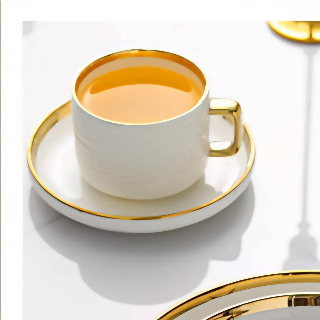 ชุดแก้วกาแฟเซรามิก สีขาวขอบสีทอง สไตล์หรูหรา สำหรับร้านอาหาร ร้านกาแฟ