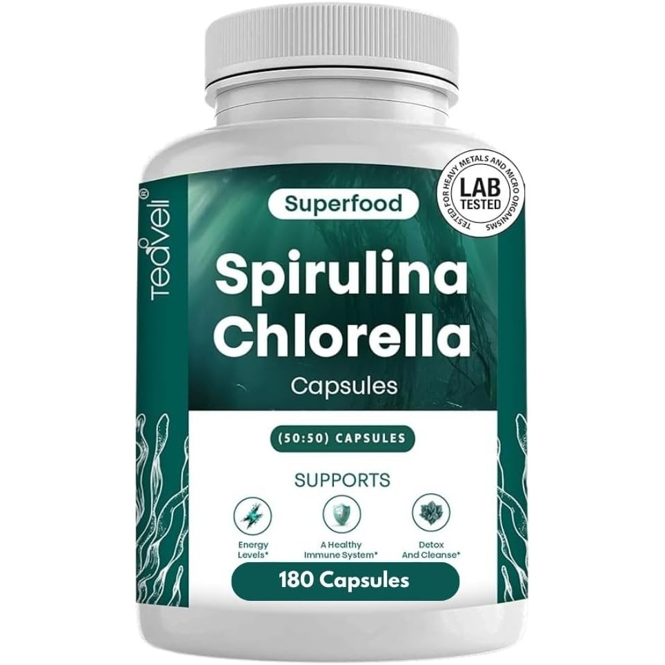 Organic Spirulina and Chlorella Capsules – 180 Chlorophyll Pills, Blue Green Algae Powder Capsules t