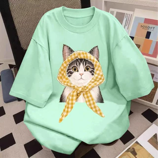 COD✅ (จัดส่งในกรุงเทพฯ)เสื้อสีฟอก เสื้อน่ารัก สื้อยืด oversize รูปแบบถนน โคตรนุ่ม ผ้าคอตตอน ลาย "yellow cat" สินค้าใหม่