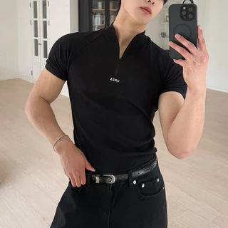 เป่าหลงซิน ใหม่ผู้ชายครึ่งซิปแขนสั้นเสื้อยืดกีฬายืดหยุ่นสูงแห้งเร็ววิ่งออกกําลังกายสวมใส่สลิมฟิต