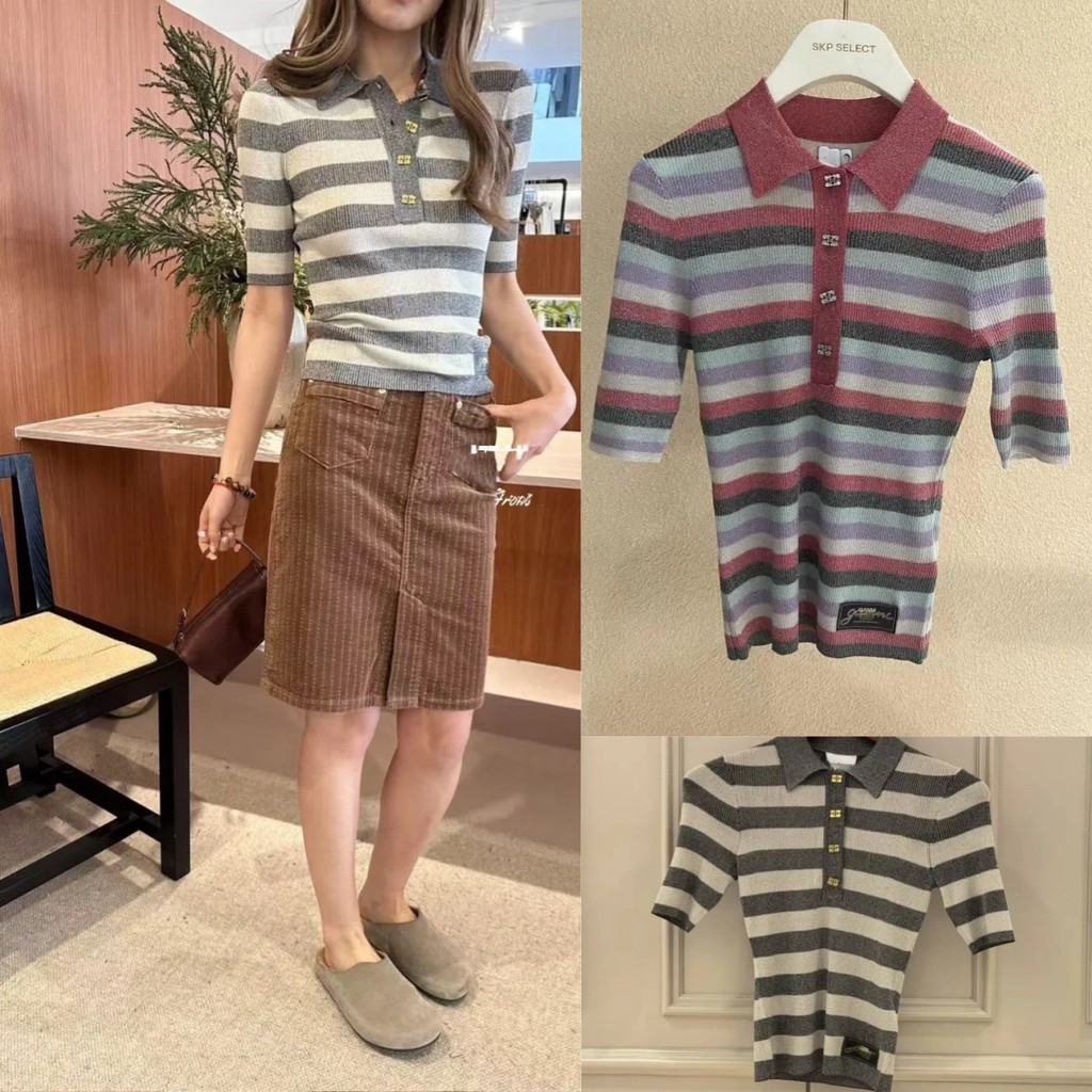 GANNI Early Autumn New Gray and White Striped POLO Collared Knitted Stretch Slim Fit Sweater Knitted