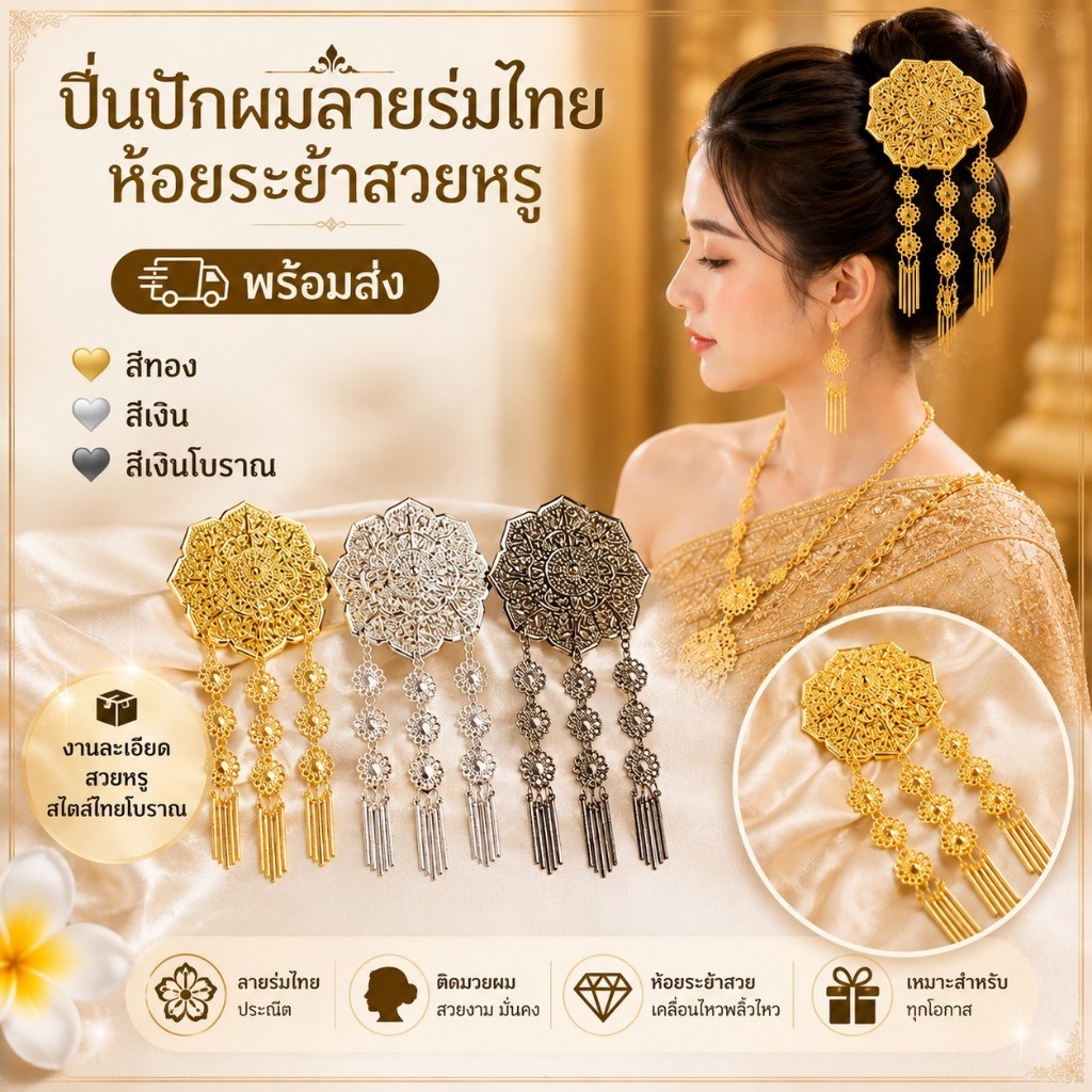 ปิ่นปักผมลายร่มไทยห้อยระย้าหรู เครื่องประดับผมสไตล์ไทยโบราณ สำหรับเจ้าสาวและชุดไทย