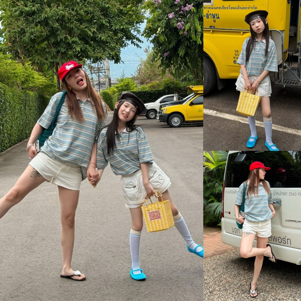 PRETTY BABY ชุดคู่แม่ลูก เสื้อยืดเด็ก เสื้อคอปก ลายขวาง กางเกงกระโปรง ขาสั้น เนื้อผ้าร่ม(2271)
