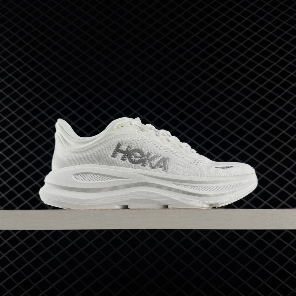 HOKA Bondi 9 รองเท้าผู้ชายs ผู้หญิงs น้ําหนักเบา Breathable พื้นหนาเบาะสีขาว Silvery รองเท้าผ้าใบ
