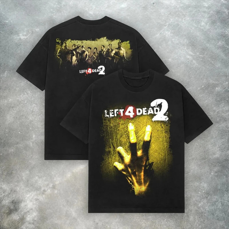 เสื้อยืดโอเวอร์ไซส์ Left 4 Dead 2 สำหรับผู้ชาย ลายกราฟิกเกมซอมบี้ แขนสั้น สตรีทแวร์ ลำลอง ทรงหลวม เส