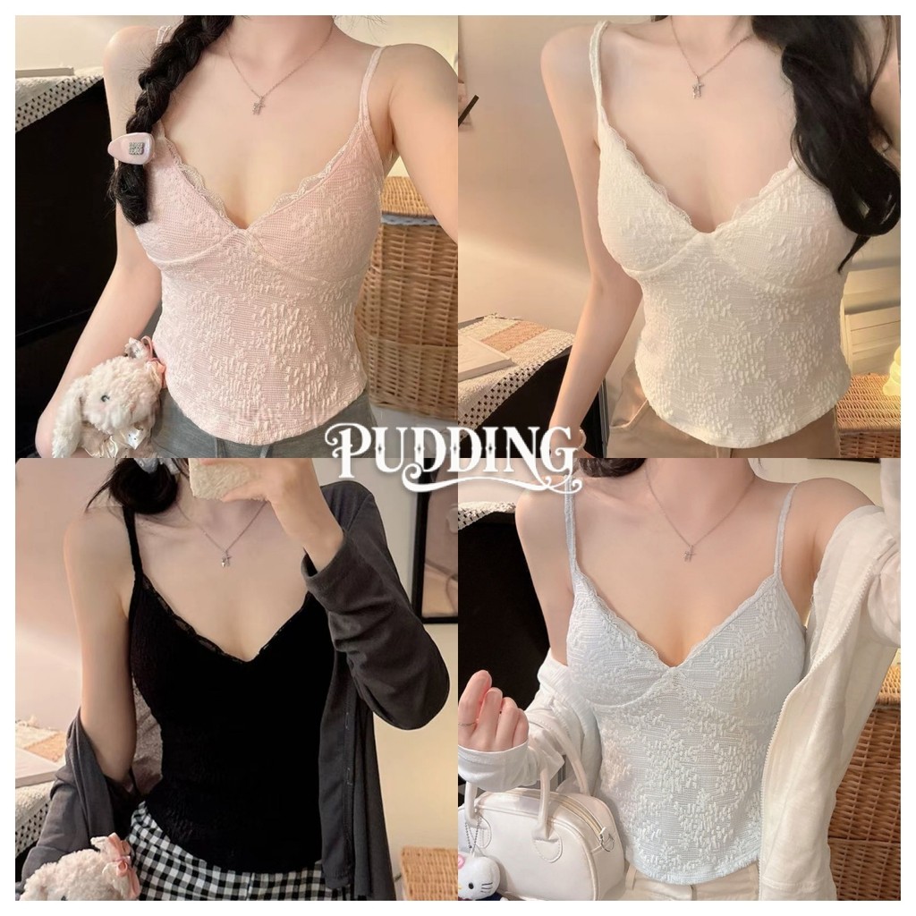 Pudding พร้อมส่ง ชุดเซ็ต 2 ชิ้น เสื้อแขนสั้น+สายเดี่ยว ผ้าลูกไม้/ลายดอกไม้ เรียบง่าย สีพื้นสวยหวาน FY10191+FY5238