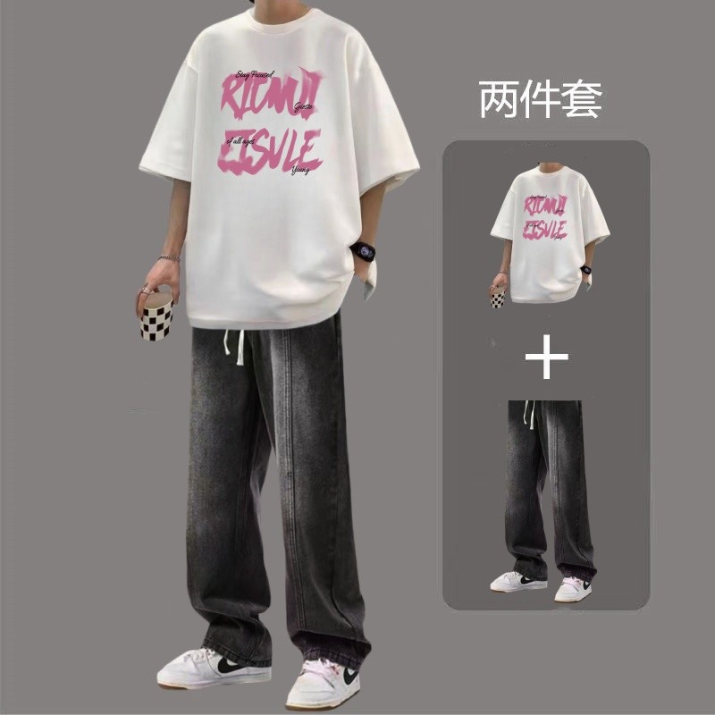 เสื้อยืดแขนสั้นฤดูร้อนครึ่ง T686 ผ้าฝ้ายแท้ + K50 ชุดยีนส์ S-3XL, P42