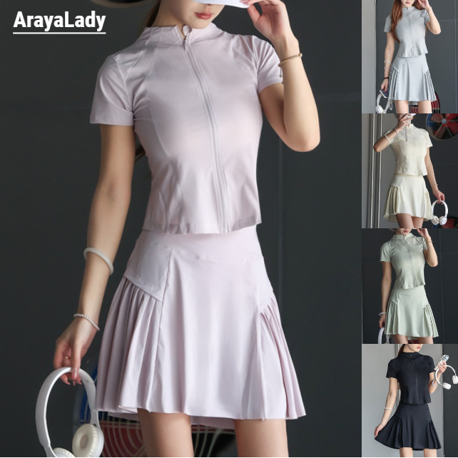 ArayaLady เสื้อผ้าออกกำลังกายผู้หญิง เสื้อยืดแขนสั้นซิปยาว กระโปรงพลีท  รุ่น เสื้อ 869 / กระโปรง 961  #ขายแยกนะคะ