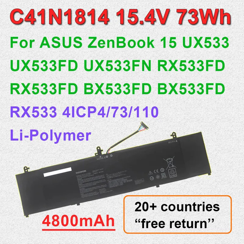 แบตเตอรี่แล็ปท็อป C41N1814 15.4V 73Wh 4800mAh สําหรับ ASUS ZenBook 15 UX533 UX533FD UX533FN RX533FD 