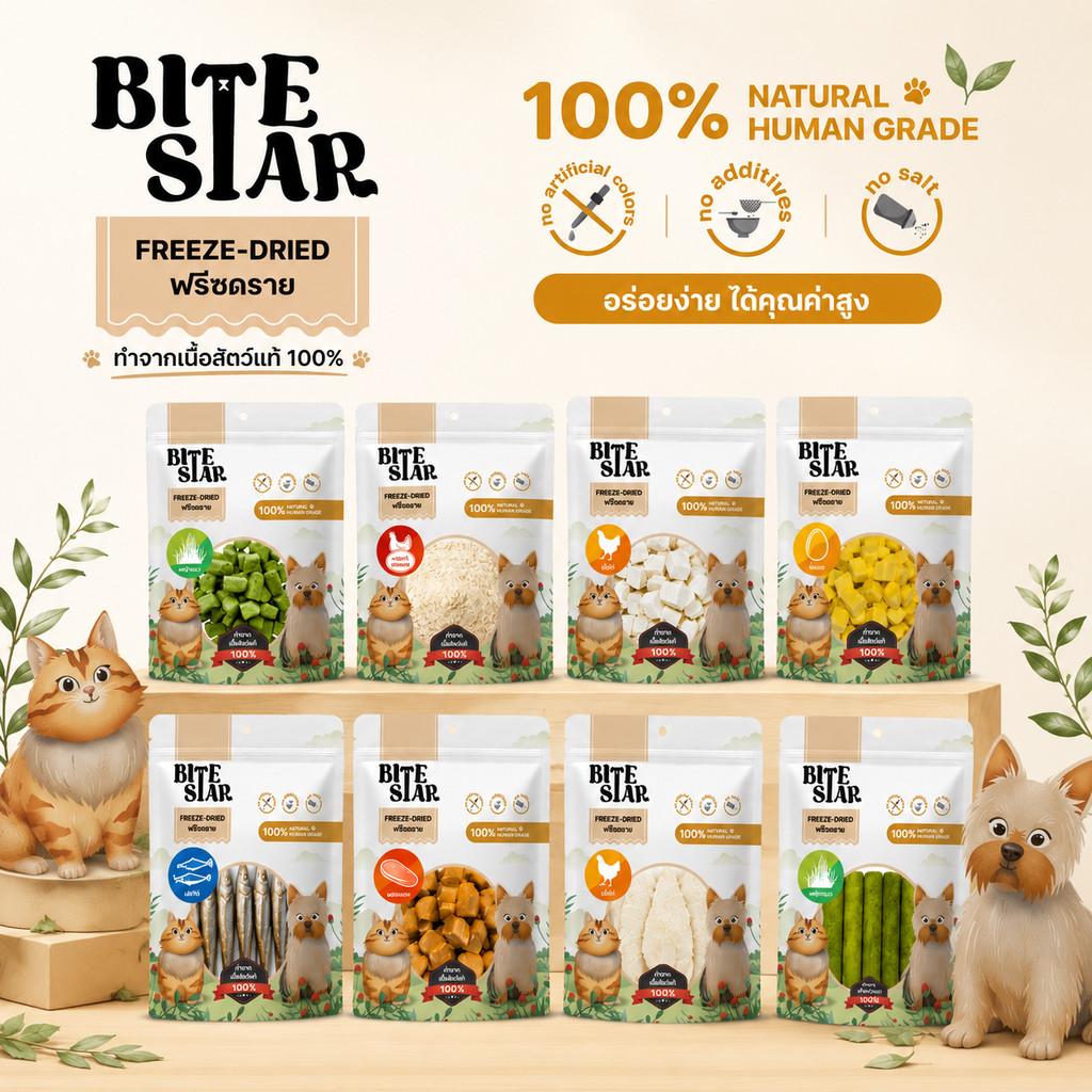 (40g) Bite Star ขนมสัตว์เลี้ยงฟรีซดราย สำหรับสุนัขและแมว เนื้อแท้ ทานง่าย กลิ่นหอม เนื้อไก่แท้