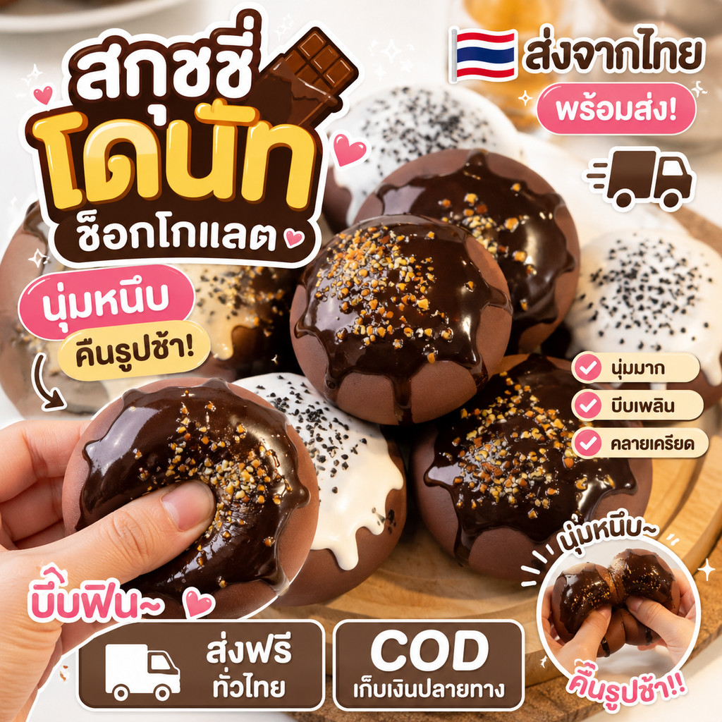 [ส่งจากไทย COD] สกุชชี่โดนัทช็อกโกแลต นุ่มหนึบ คืนรูปช้า ของเล่นบีบคลายเครียด พร้อมส่งในไทย
