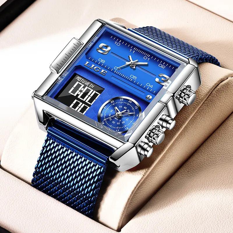 LIGE Mens Square Watch – หน้าปัดมัลติฟังก์ชั่น, กันน้ํา 30M, Luminous, Outdoorfun Fathersdaygift