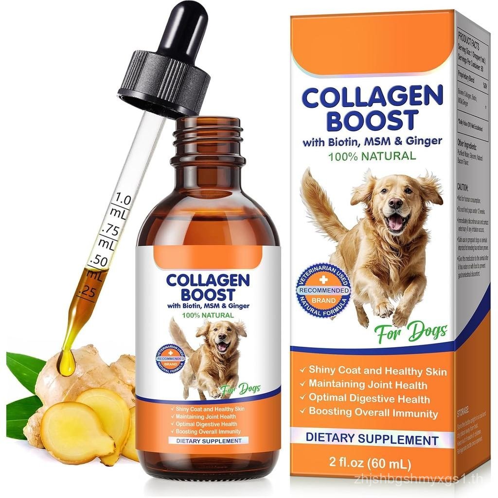 คอลลาเจนสําหรับสุนัข, Liquid Collagen Drops 60ml - พร้อม Biotin, MSM & Ginger, รองรับ Joint, & Coat 