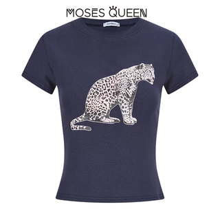 MOSESQUEEN มอสเซควีน เสื้อยืดแขนสั้นพิมพ์ลายเสือดาวอเมริกันเสื้อคอกลมแขนสั้นเข้ารูปผู้หญิงเข้ารูปและเข้ารูป #63695