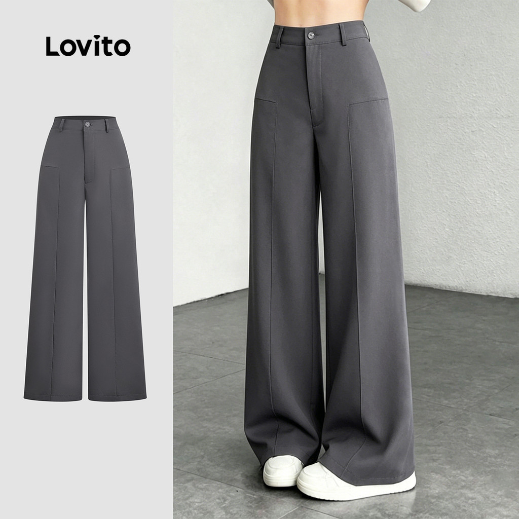 Lovito กางเกงผู้หญิงสีเทาเข้ม ดีไซน์หรูหรา มีโครงสร้างกางเกงแบบเรียบ มีซิปและกระดุม LBL35223