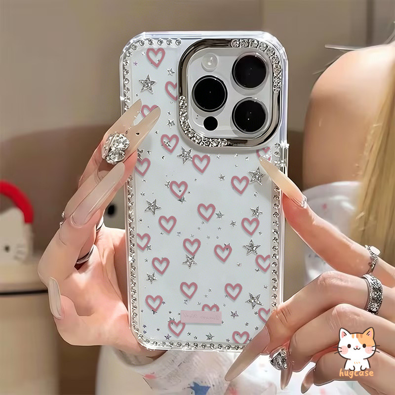 สำหรับ iPhone 16 15 11 17 13 12 14 Pro Max 16 15 14 Plus รุ่นใหม่ เคสกันกระแทกลายหัวใจดาวแฟชั่นหวาน กลิตเตอร์ขอบคริสตัล