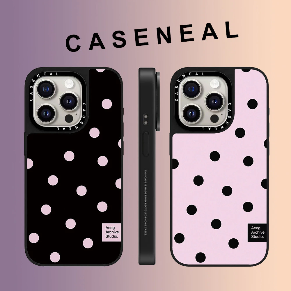 CASENEAL สีชมพู polka dot label matte เคสโทรศัพท์สําหรับ iPhone 17 Pro Max 16 ProMax 15Pro 14 Plus 13 12 โทรศัพท์กันกระแทกขอบนุ่มฮาร์ดป้องกันกรณี
