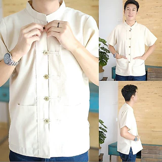 เสื้อคอจีนผู้ชาย ผ้าฝ้ายชินมัย รุ่นกระดุมเหรียญ สีพื้น