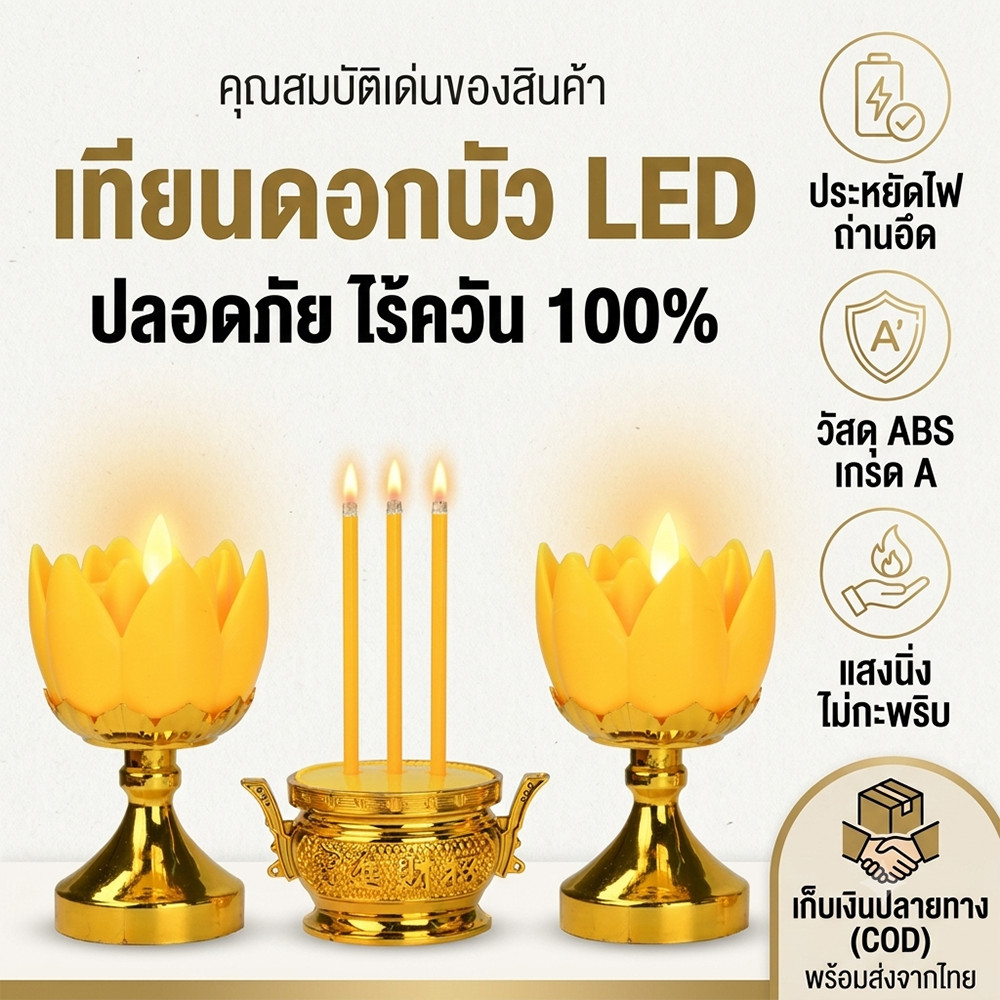 ชุดธูปเทียนไฟฟ้า LED ใส่ถ่าน ไร้ควัน เทียนดอกบัวไหว้พระ โคมไฟดอกบัว บูชาพระ ปลอดภัย ไม่เสี่ยงไฟไหม้ [พร้อมส่ง]
