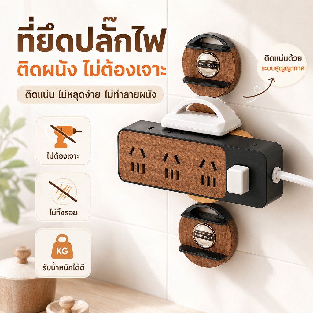 ที่ยึดรางปลั๊กไฟ แบบแผ่นดูดสุญญากาศ ไม่ต้องเจาะผนัง ย้ายตำแหน่งได้ อุปกรณ์จัดเก็บสายไฟ Power Strip Holder