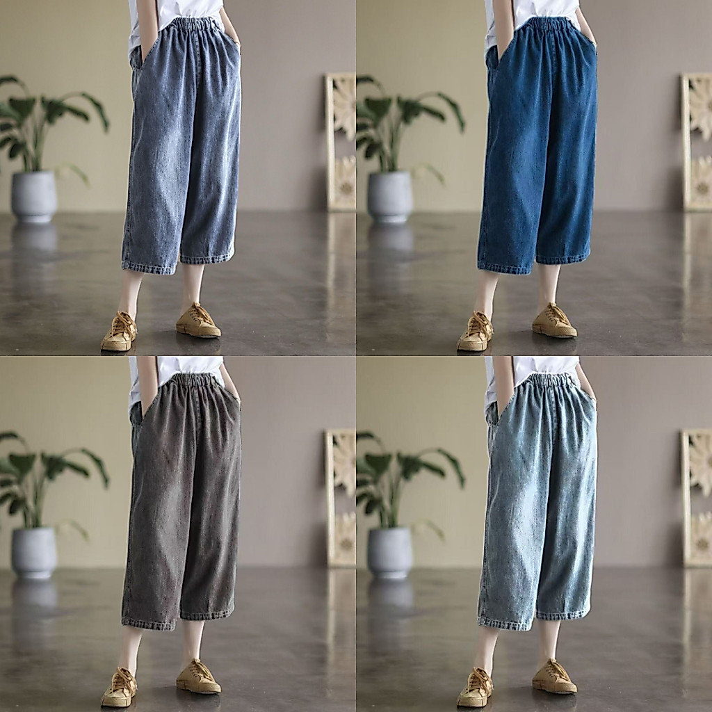 กางเกงยีนส์ 7 ส่วน S-10XL เอวสม็อค กางเกงยีนส์ทรงกระบอกกลาง ผ้านิ่มใส่สบาย