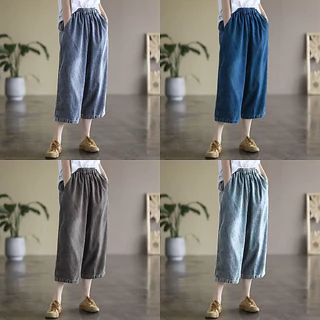 กางเกงยีนส์ 7 ส่วน S-10XL เอวสม็อค กางเกงยีนส์ทรงกระบอกกลาง ผ้านิ่มใส่สบาย