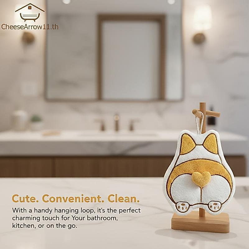 CHE Corgi Butt Hand Towel สัตว์น่ารักดูดซับขนแกะปะการังกํามะหยี่แขวนผ้าเช็ดตัวสําหรับห้องน้ําห้องครัว TH