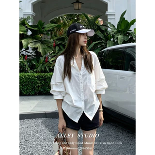 Cuties 99470 เสื้อเชิ้ตแขนยาว คอวี เสื้อเชิ้ตลำลองคอปก ทรงหลวม สไตล์เกาหลี สําหรับผู้หญิง พร้อมส่ง