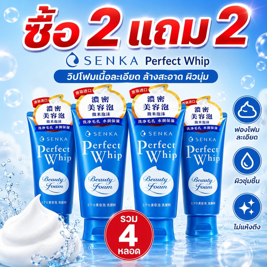 [ซื้อ2แถม2]SENKA โฟมล้างหน้า วิปโฟม ฟองโฟมนุ่มละเอียด ล้างหน้าสะอาด ผิวชุ่มชื้น กระจ่างใส อ่อนโยนทุกวัน