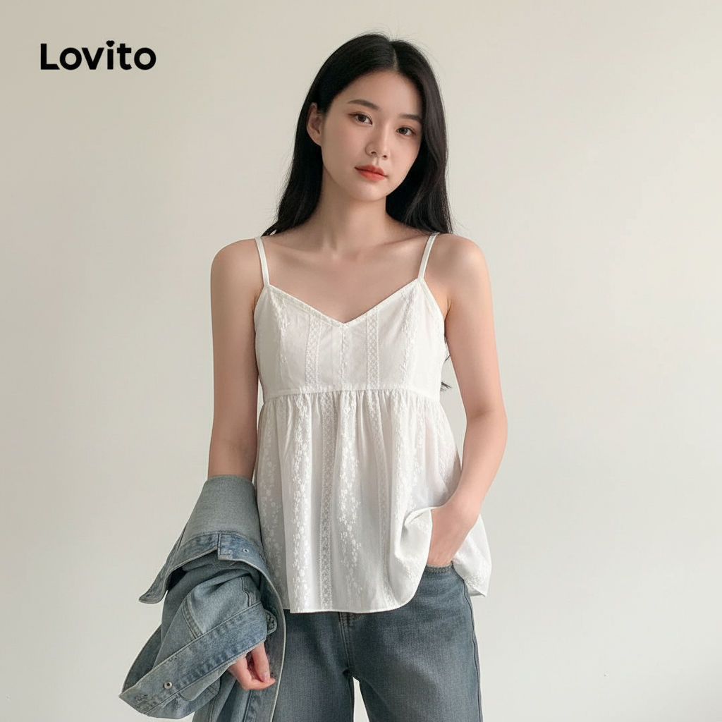Lovito โบโฮ เสื้อแขนกุดผู้หญิงสไตล์โบฮีเมียน ปักรูตาไก่ เรียบง่าย L89MD095