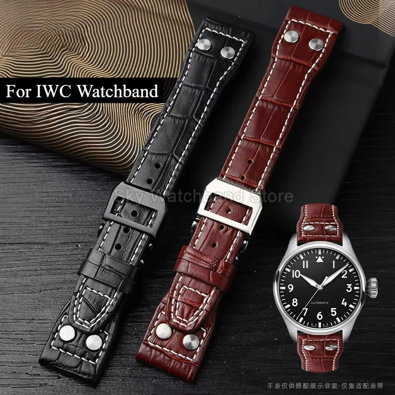 สําหรับ IWC 388103 Pilots Mark 18 สร้อยข้อมือผู้ชายเล็บหนังแท้ Cowhide สายนาฬิกาสีน้ําตาลสีดํา 20 มม