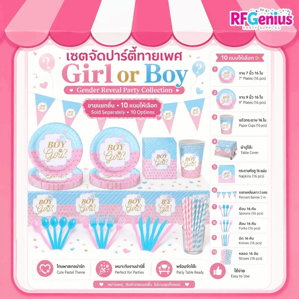 (พร้อม ส่งจากไทย ) จานช้อน ซ้อม และผ้าปูโต๊ะ จัดปาร์ตี้ทายเพศ girl or boy gender reveal party cutery แยกชิ้น(B45)