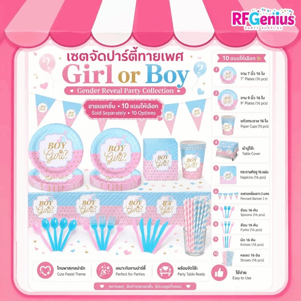 (พร้อม ส่งจากไทย ) จานช้อน ซ้อม และผ้าปูโต๊ะ จัดปาร์ตี้ทายเพศ girl or boy gender reveal party cutery แยกชิ้น(B45)