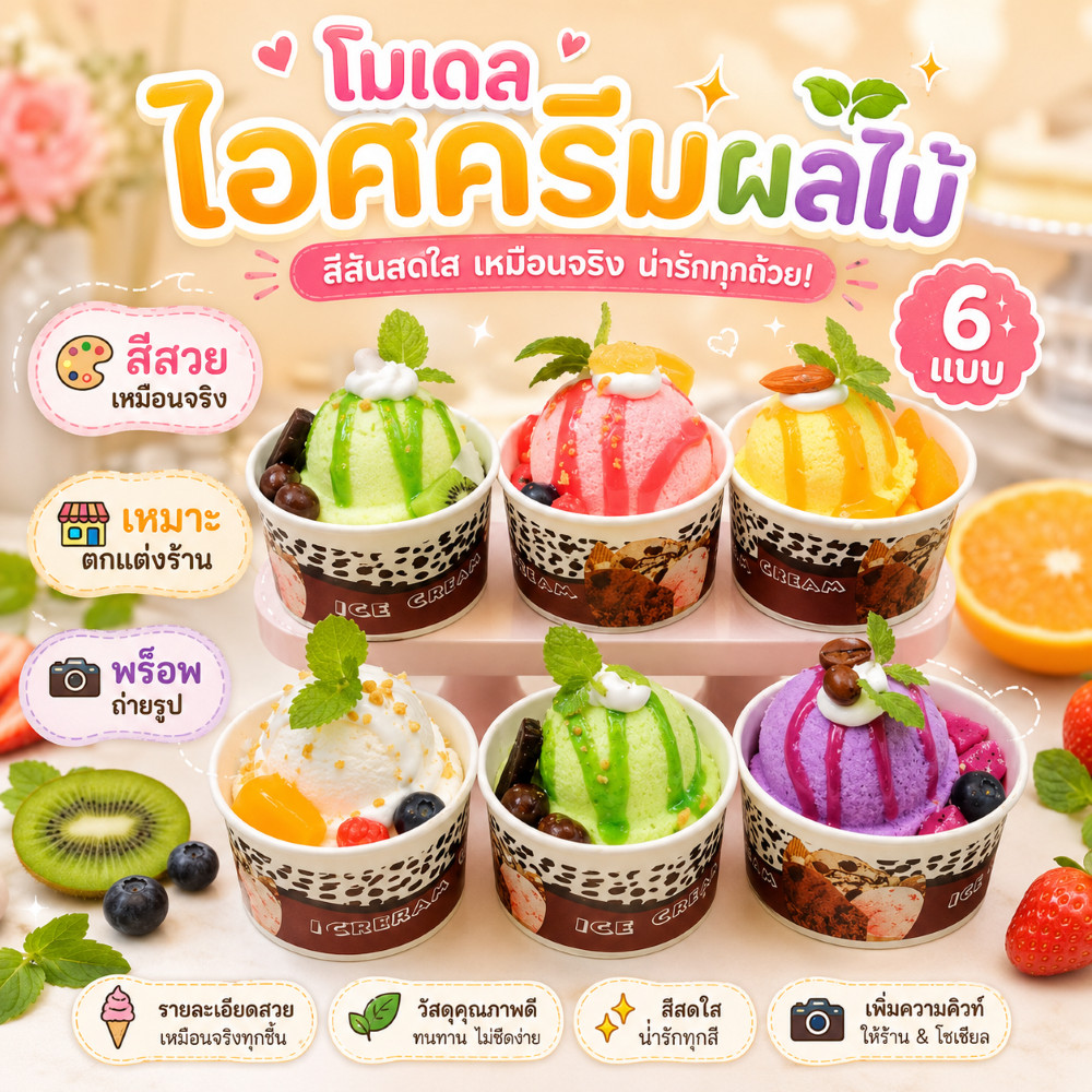 โมเดล ไอศครีมผลไม้ ไอศกรีมผลไม้ถ้วย ไอศครีมปลอม เหมือนจริงมากๆ สวยหวาน ตกแต่งร้านค้า พร๊อพถ่ายรูป ลักษณะนิ่มๆ บีบได้