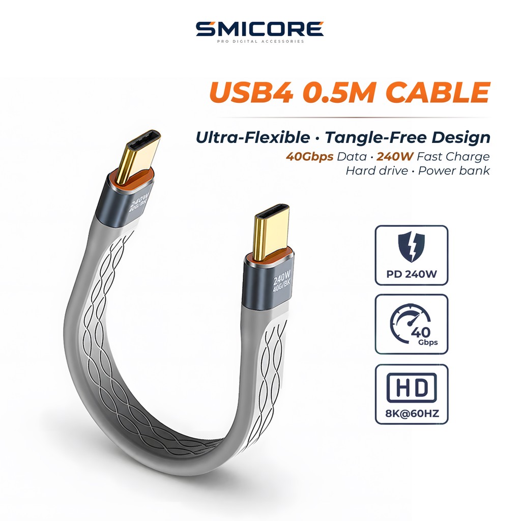 สาย USB4 Type-C Thunderbolt 4/3 240W PD3.1 40Gbps 8K60Hz สั้น พกพาง่าย สำหรับ MacBook iPad