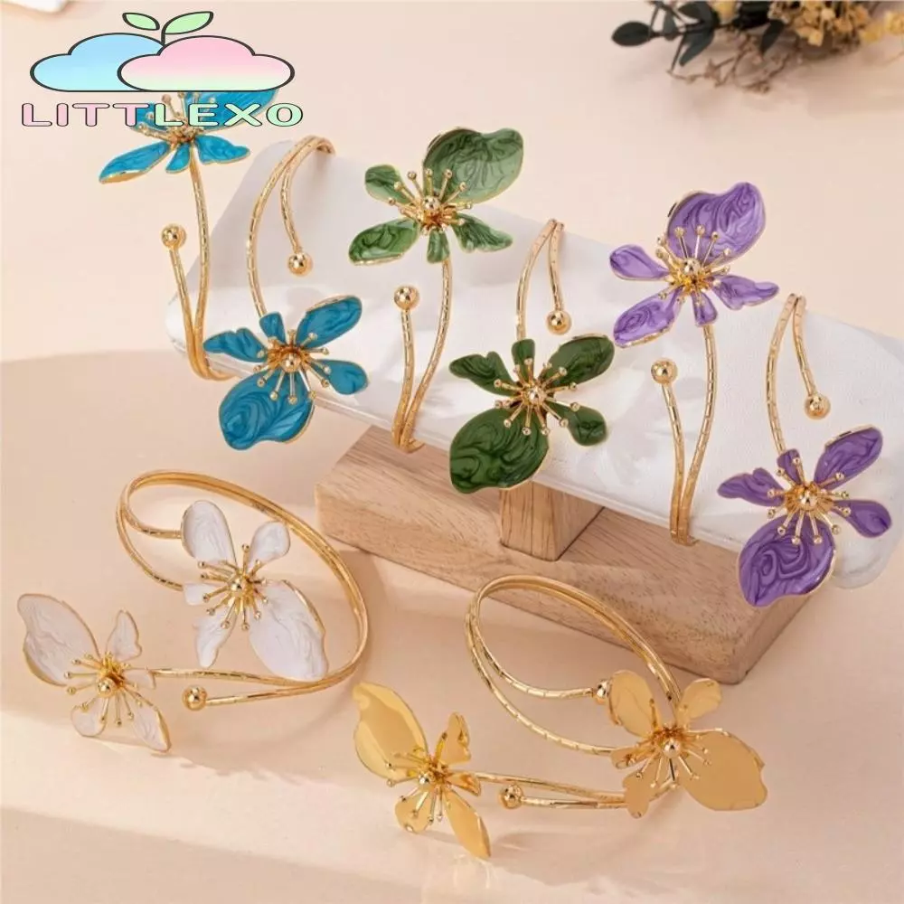 LITTLEX สร้อยข้อมือดอกไม้, เคลือบเคลือบหัตถกรรมสีทองดอกไม้เปิดข้อมือ Armlet, Vintage โลหะเปิดแหวนของขวัญ