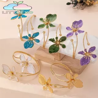 LITTLEX สร้อยข้อมือดอกไม้, เคลือบเคลือบหัตถกรรมสีทองดอกไม้เปิดข้อมือ Armlet, Vintage โลหะเปิดแหวนของขวัญ