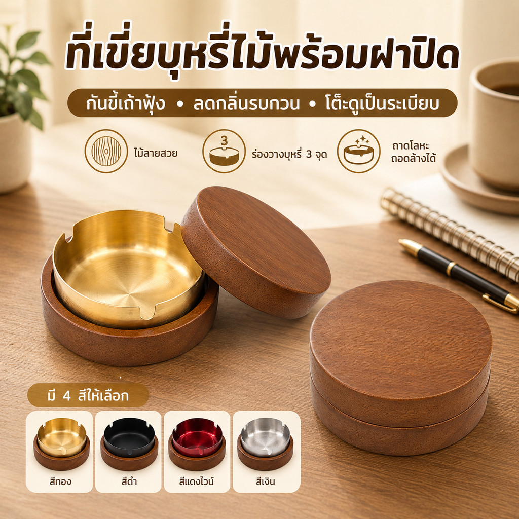 ที่เขี่ยบุหรี่ทรงกลมลายไม้ มีฝาปิด กันขี้เถ้ากระจาย ใช้ในบ้านและออฟฟิศ