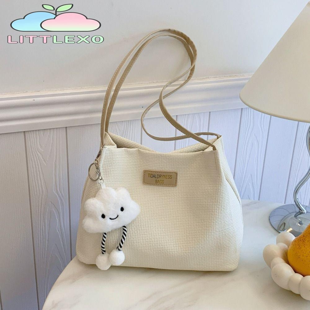 กระเป๋าสะพายไหล่ LITTLEX เนื้อพร้อมจี้กระเป๋าสุภาพสตรี กระเป๋าทรงถังความจุขนาดใหญ่