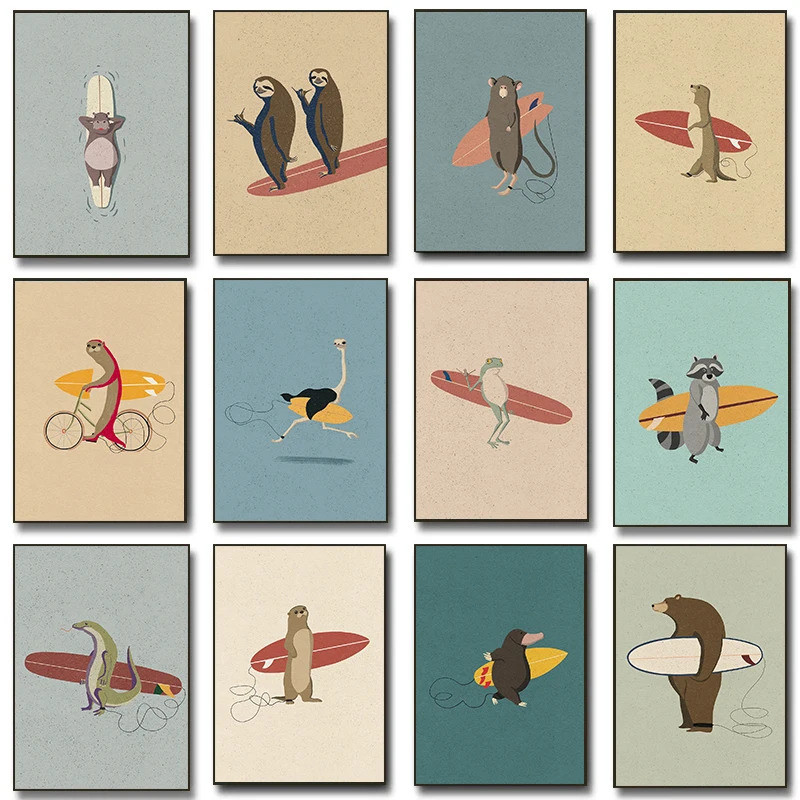 โปสเตอร์สัตว์น่ารักสำหรับห้องนอนเด็ก ลายเส้นการ์ตูน Otter และจระเข้ ออกแบบเพื่อตกแต่งบ้านริมหาด T0JH