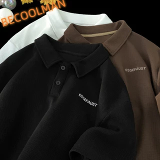 Becoolman-วาฟเฟิล ปกพับ POLOเสื้อ ผู้ชาย สไตล์อเมริกัน แนววินเทจ เสื้อยืด ยอดนิยม ความรู้สึกระดับสูง แขนสั้น