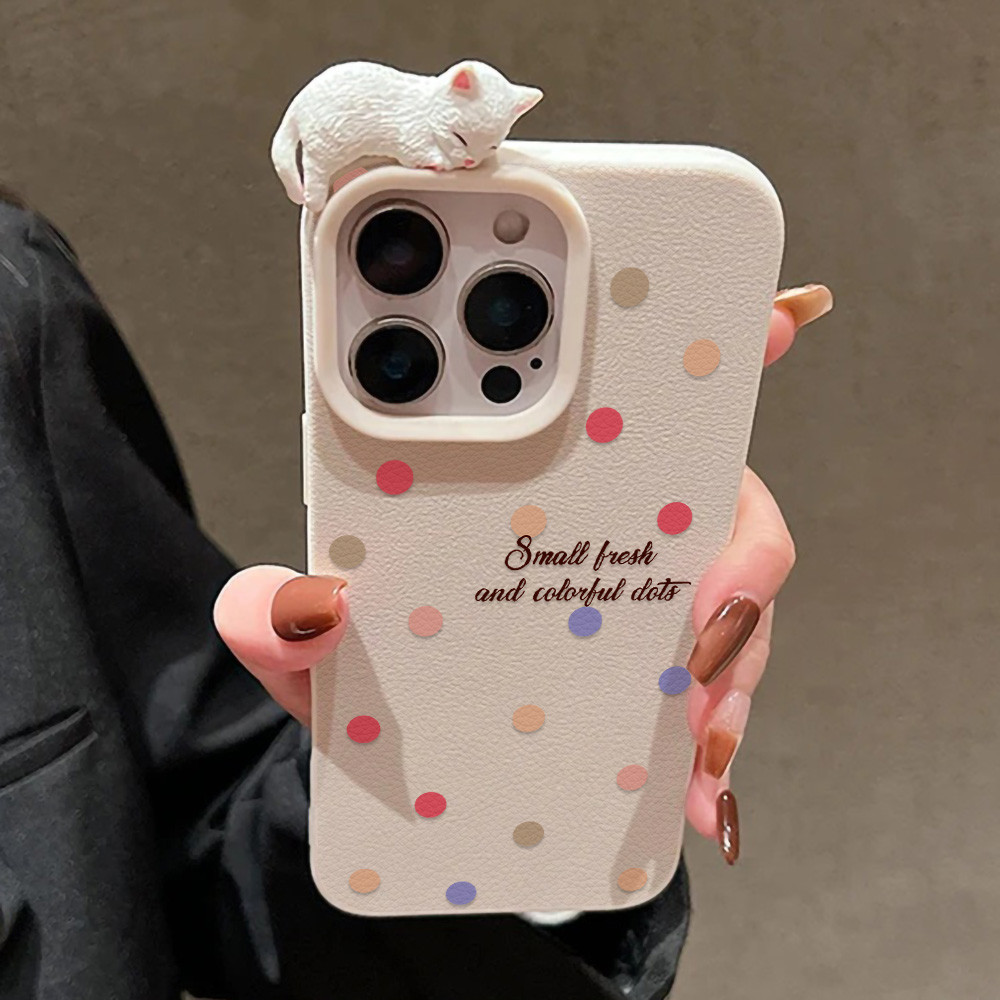 Case For iPhone 17 11 13 XR 14 12 15 16 PRO MAX เคสไอโฟน11 X XS Max เคสโทรศัพท์ DIY แมวสีลูกกวาดวงกลมจุดหนังนุ่มปกหลัง