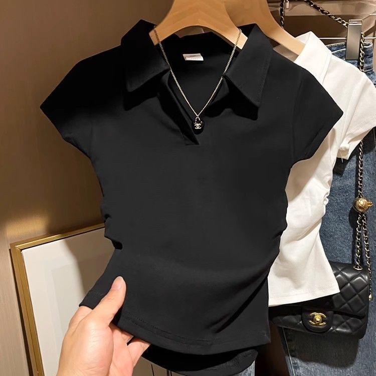 【WJZ】เสื้อยืดแขนสั้นผ้าฝ้ายแท้ สไตล์เกาหลี สีทึบ คอปกโปโล ออกแบบเพรียวพอดีตัวสำหรับผู้หญิง【PDD69 】